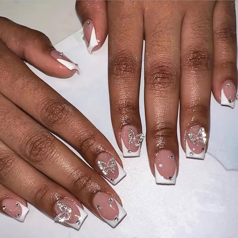 Amazon LPOODDNU Short Press On Nails With Charms Butterfly White French Acrylic Nails Square Shape False Nails Very Cute Nails Short Square Stick On Nails For Women Finger Manicure 24Pcs Design1 