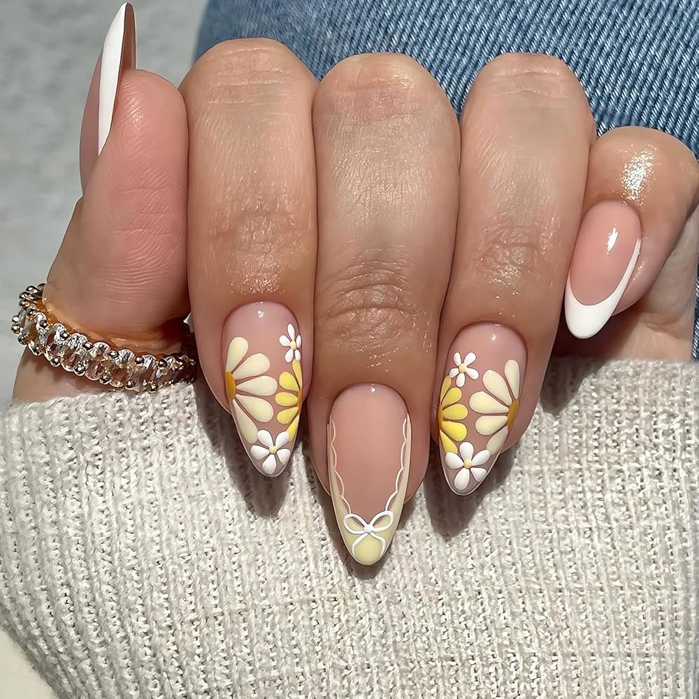 Amazon LPOODDNU Summer French Tip Press On Nails Medium Almond Fake Nails With Yellow White Flower Designs Glossy Finish White Bow False Nails Cute Floral Glue On Nails For Women And Girls 