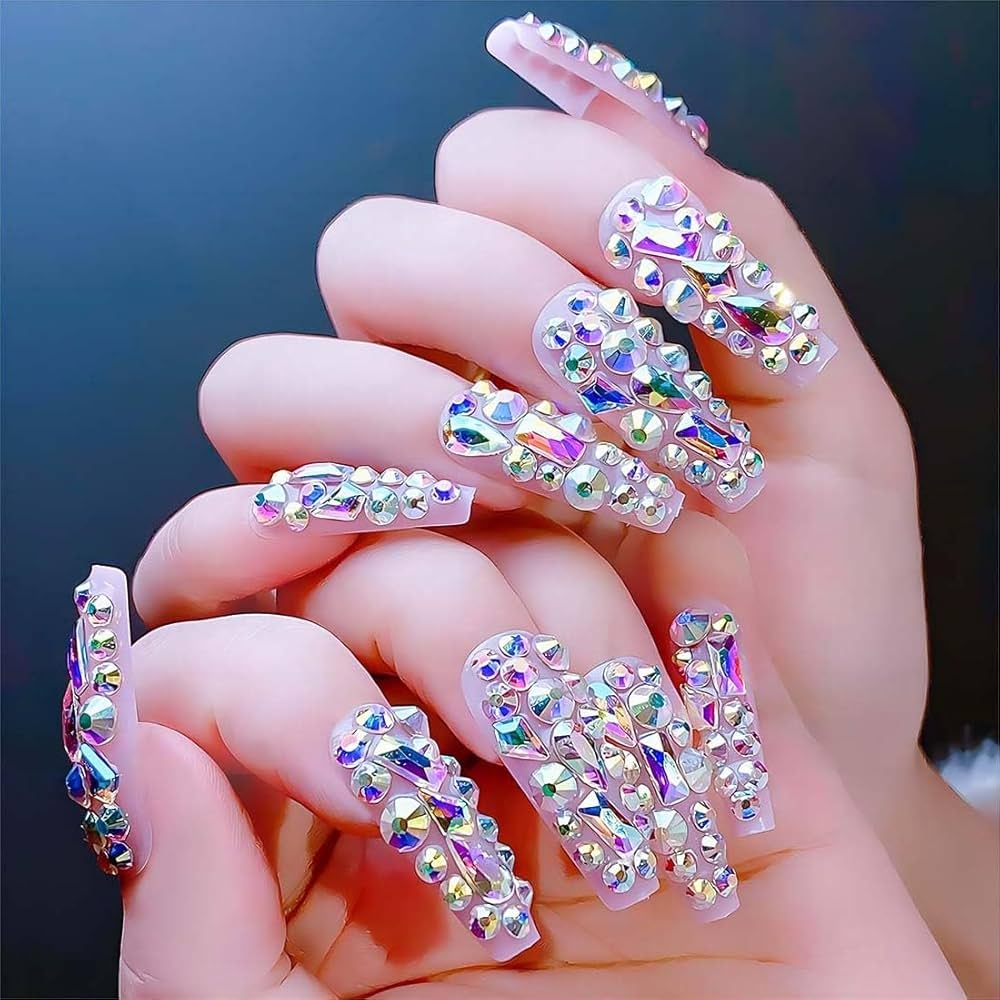 Amazon Luxurious 3D Crystal Press On Nails Long Coffin False Nails With Nail Glue Fake Nails With Rhinestones Designs Salon DIY Manicure Reusable Fake Acrylic Diamonds Nail Art Tips Gifts For Women