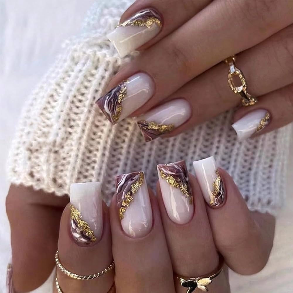Amazon Marble Press On Nails Medium Square Fake Nails Gold Foil Glue On Nails White False Short Coffin Full Cover Nails With Sparkles Design Acrylic Nails Purple Glossy Stick On Nails For