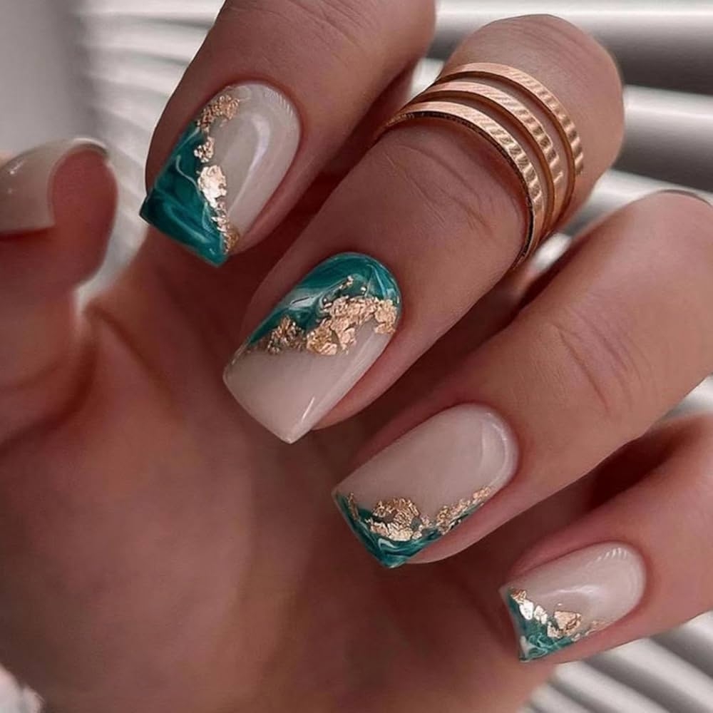 Amazon Marble Press On Nails Short Square Fake Nails Pink False Nails With Design Gold Foil Cyan Marble Glue On Nails Full Cover Acrylic Nails Glossy Nude Stick On Nails For Woman
