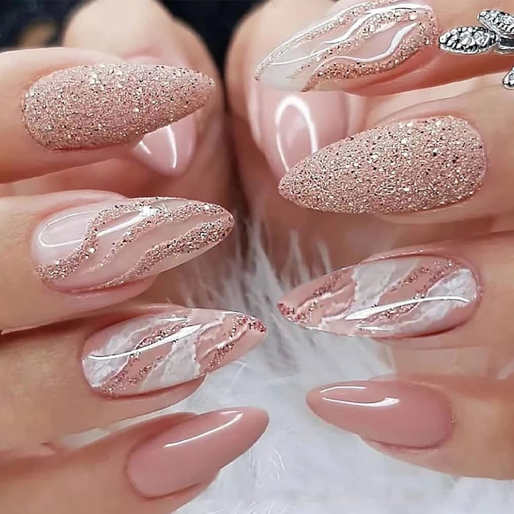 Amazon Medium Almond Tip Press On Nails Nails Artificial Acrylic Fake Nails With Pink Glitter Powder Designs 24Pcs Full Cover Reusable Coffin False Nails Set Women Glue On Nails Stick On Nails