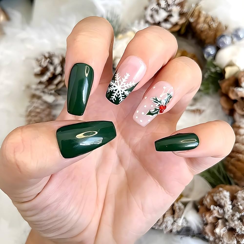 Amazon Medium Christmas Press On Nails Coffin Fake Nails Green French Acrylic Nails With White Snowflake Xmas Fruit Charm Glue On Nails Designs Artificial Winter Full Cover Nails For Women And Girls