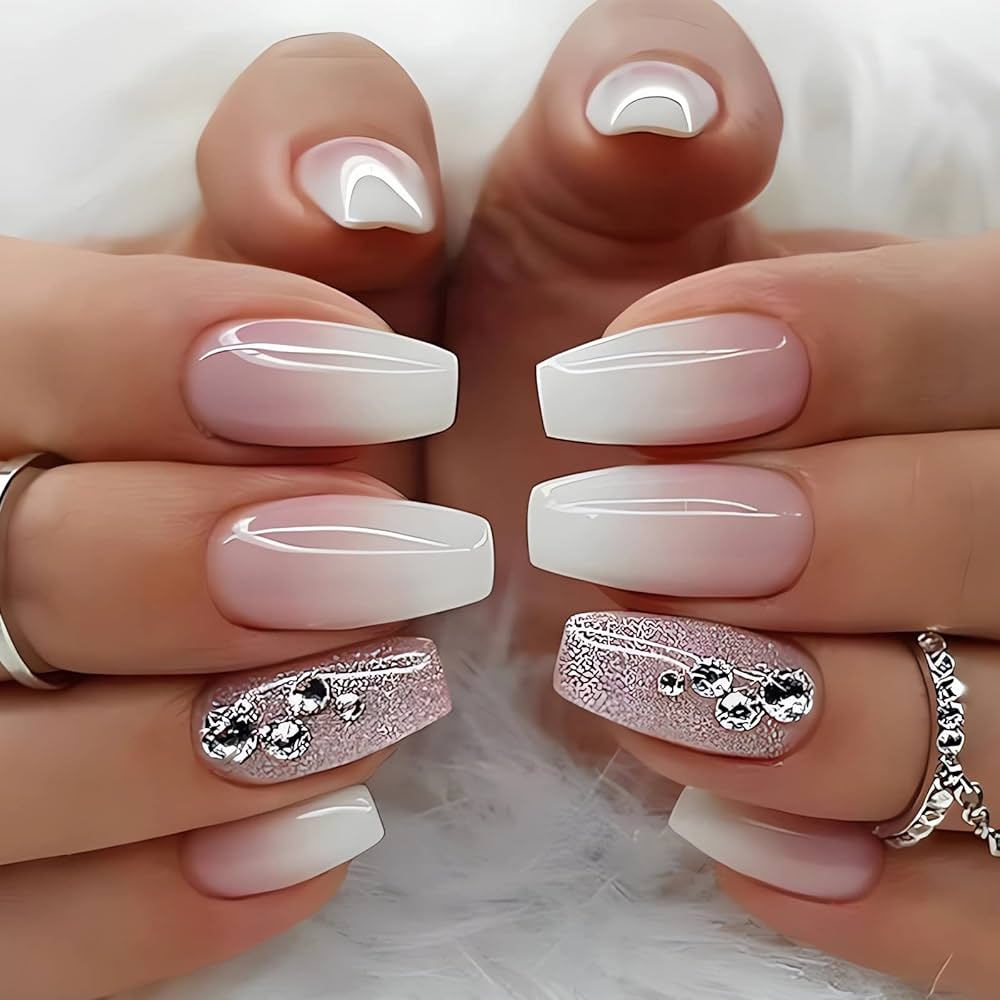 Amazon Medium Coffin Nails Press On Glossy Pink White Fake Nails Summer Nail Art Decorations Full Cover Glitter Rhinestone Acrylic Nails Exquisite Design Stick On Nails For Women Girls 24Pcs Industrial