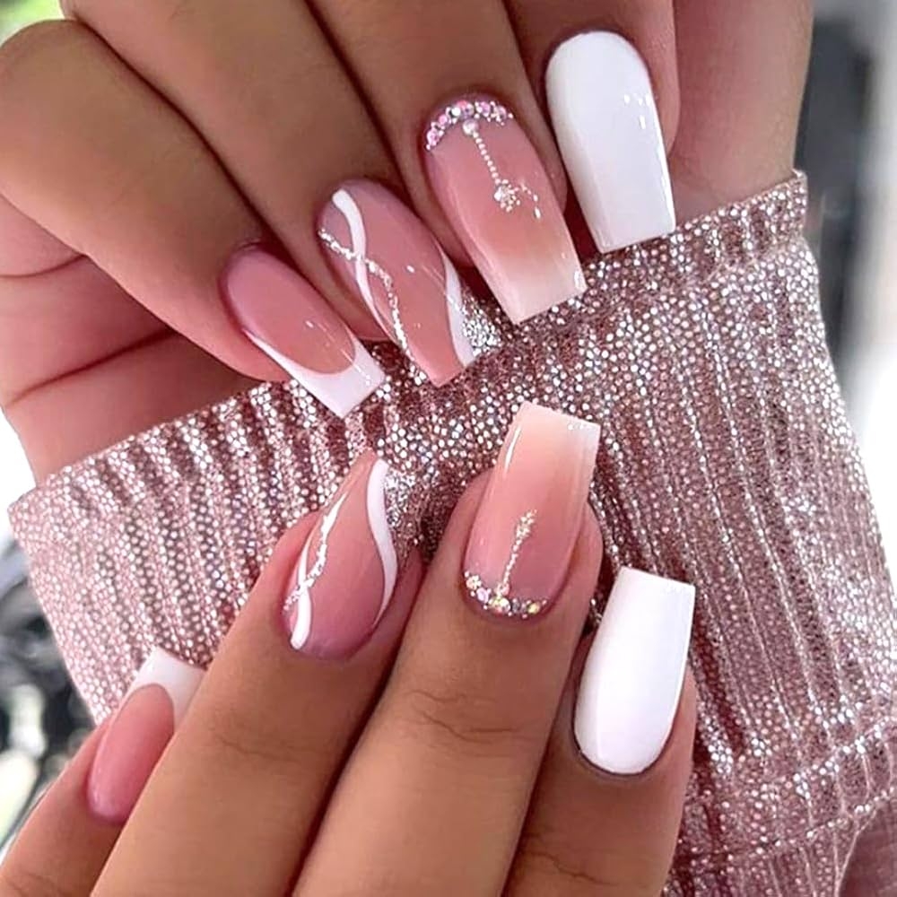 Amazon Medium Press On Nails Acrylic Nails Press On Medium Length Nail Press Ons Fake Nails White French Tip False Nails With Diamond Press Ons Fashion Design Artificial Nails Stick On Nails