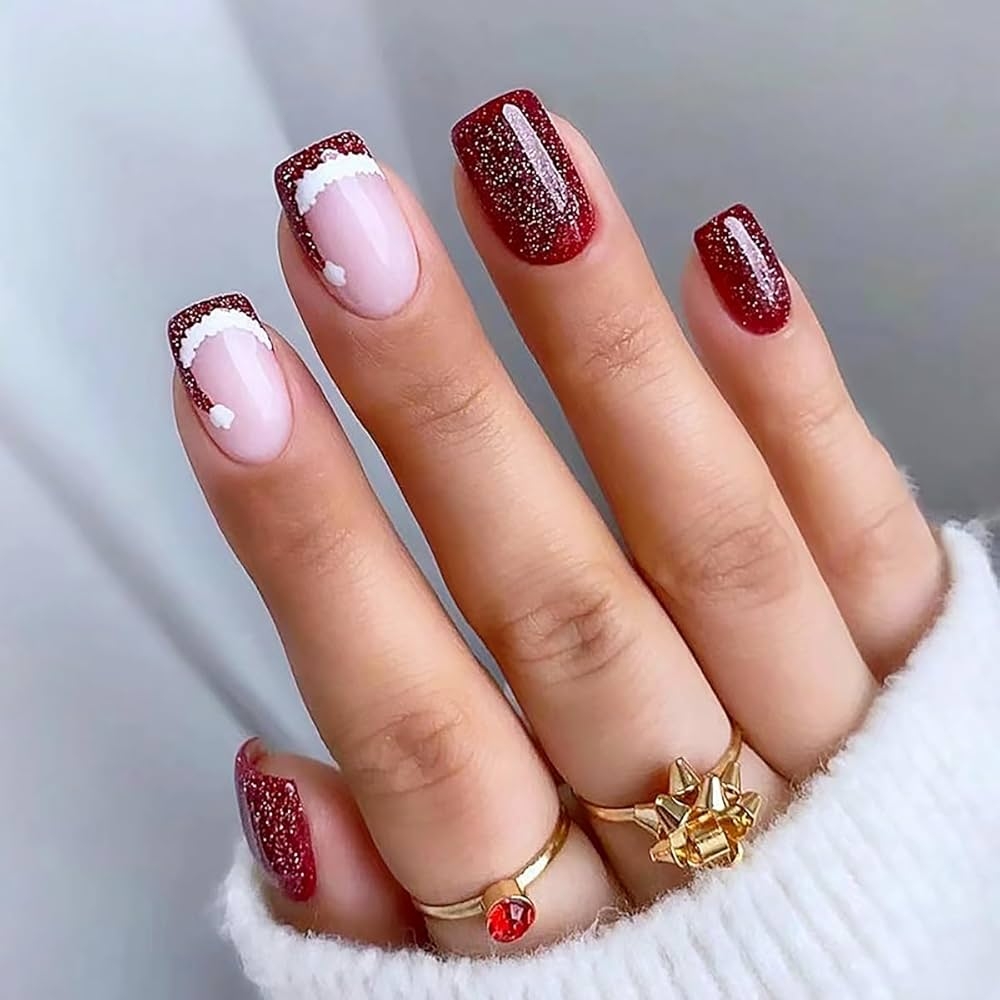 Amazon Medium Short Christmas Press On Nails Square Fake Nails Blood Red French Tips With Cute Christmas Cap Glitter Stick On Nails Designs Acrylic Artificial False Nails For Women And Girls 24