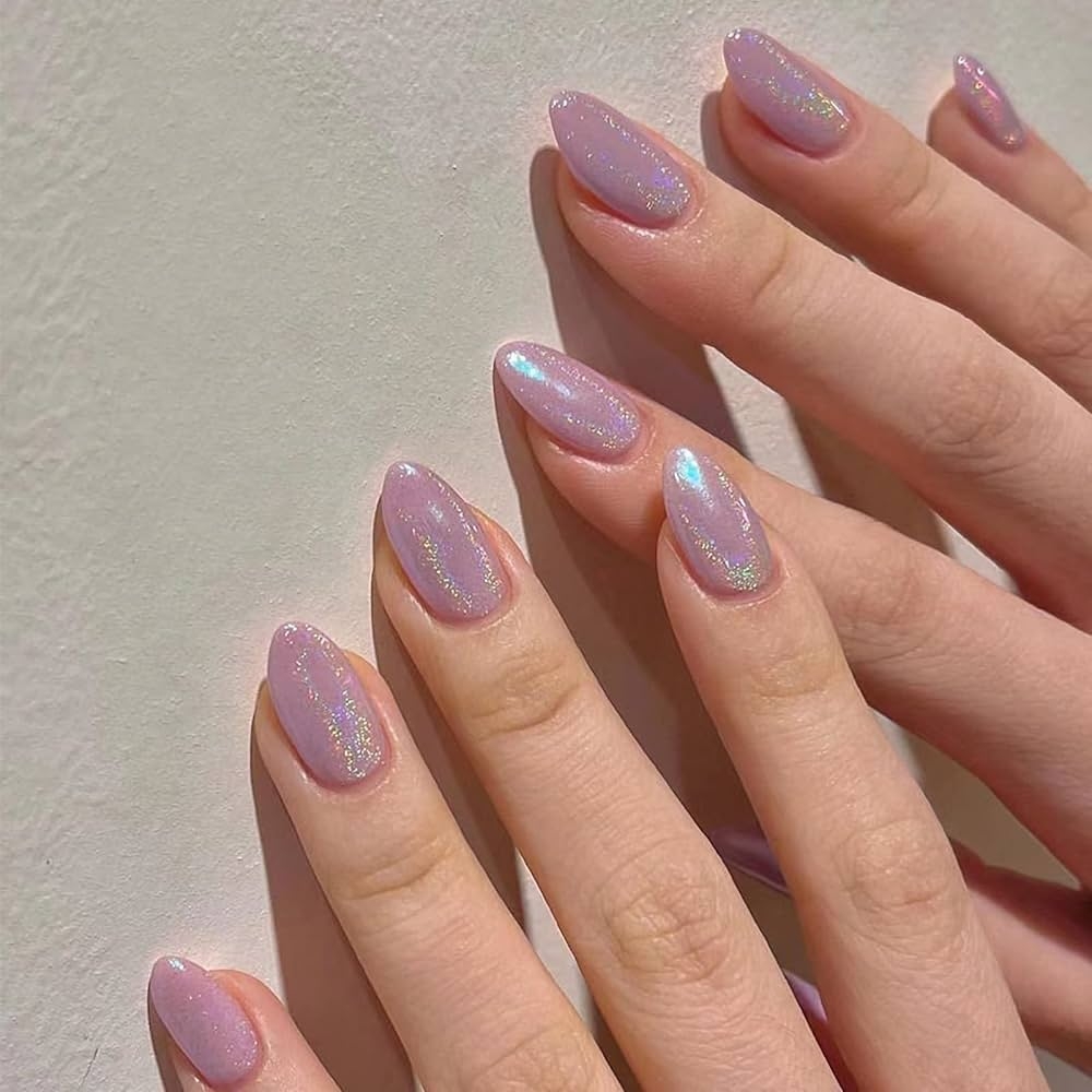 Amazon MERVF Almond Press On Nails Medium Fake Nails All Light Purple Stiletto Acrylic Nail With Glitter Design 24pcs Chrome Glossy Glue Ons For Women Beauty Personal Care