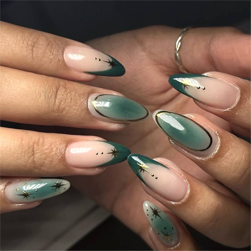 Amazon MERVF Almond Press On Nails Medium Fake Nails Dark Green French Tip Stiletto Glue On Nails Gold Star Press Ons With Aura Design Luxury Goth Acrylic Nails 24pcs Glossy Beauty Amazon MERVF Almond Press On Nails Medium Fake Nails Dark Green French Tip Stiletto Glue On Nails Gold Star Press Ons With Aura Design Luxury Goth Acrylic Nails 24pcs Glossy Beauty