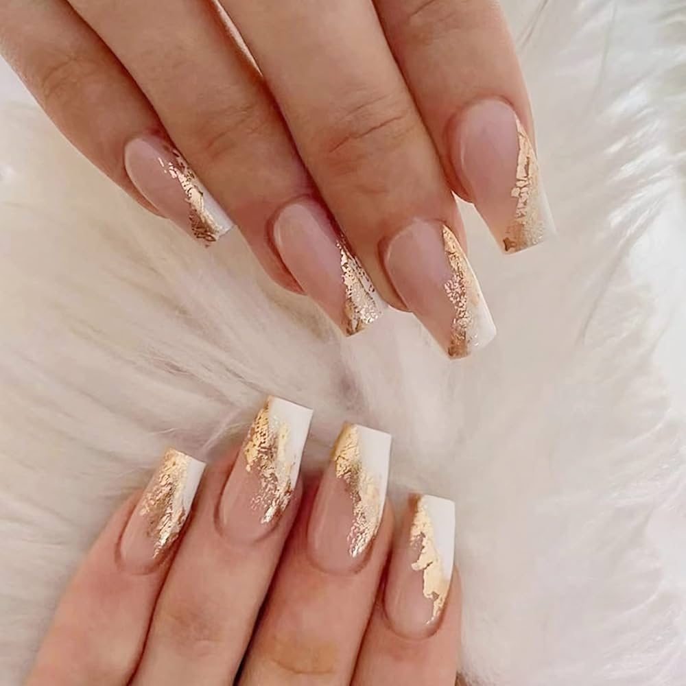 Amazon MERVF Coffin Press On Nails Long Fake Nails White French Tip Ballerina Glue On Nails With Gold Designs Acrylic Nails Artificial Glossy False Nails 24pcs Beauty Personal Care