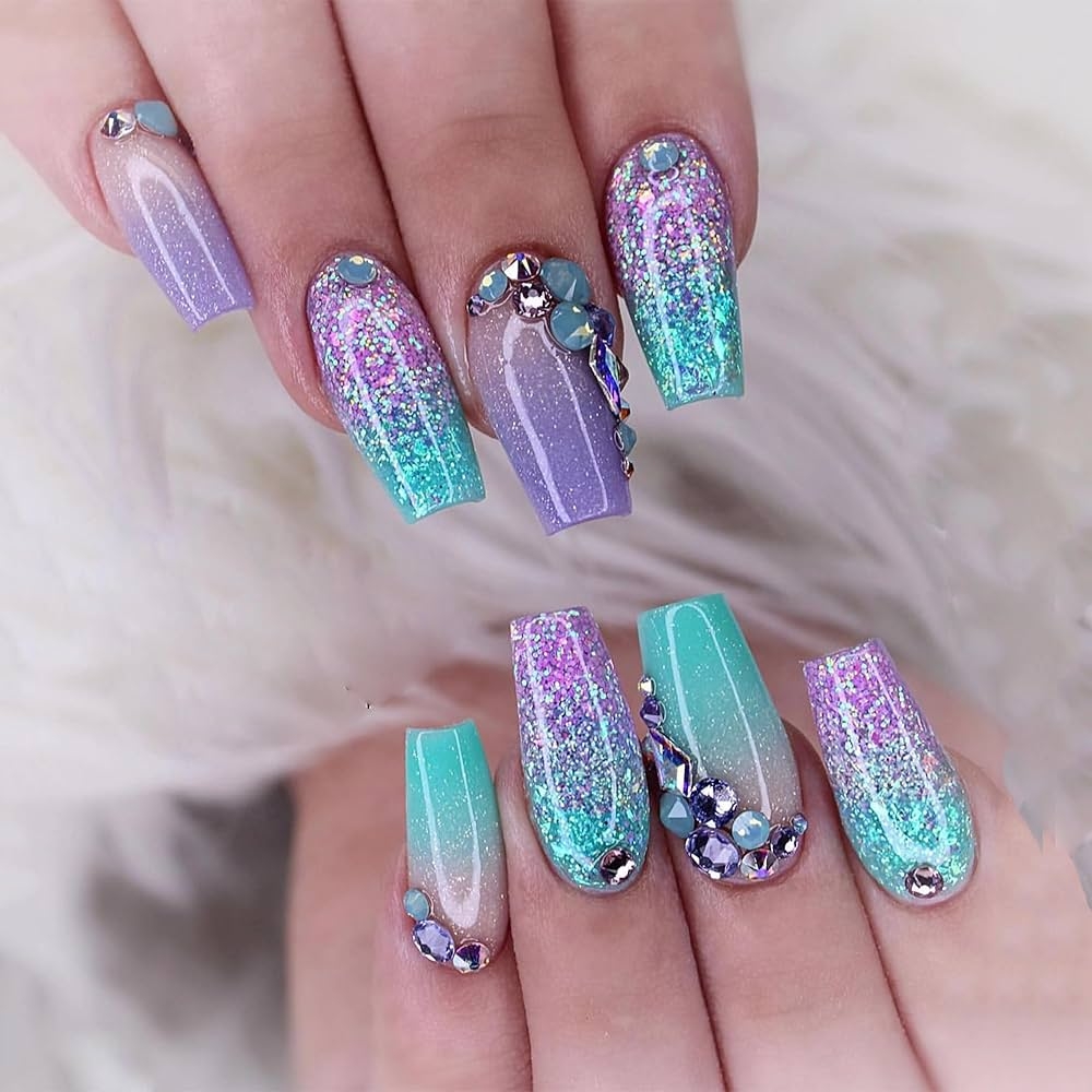 Amazon MERVF Coffin Press On Nails Medium Fake Nails Ombre French Tip Ballerina Glue On Nails With Glitter Design Mermaid Acrylic Nails Press Ons Summer False Nails 24pcs Glossy Beauty 