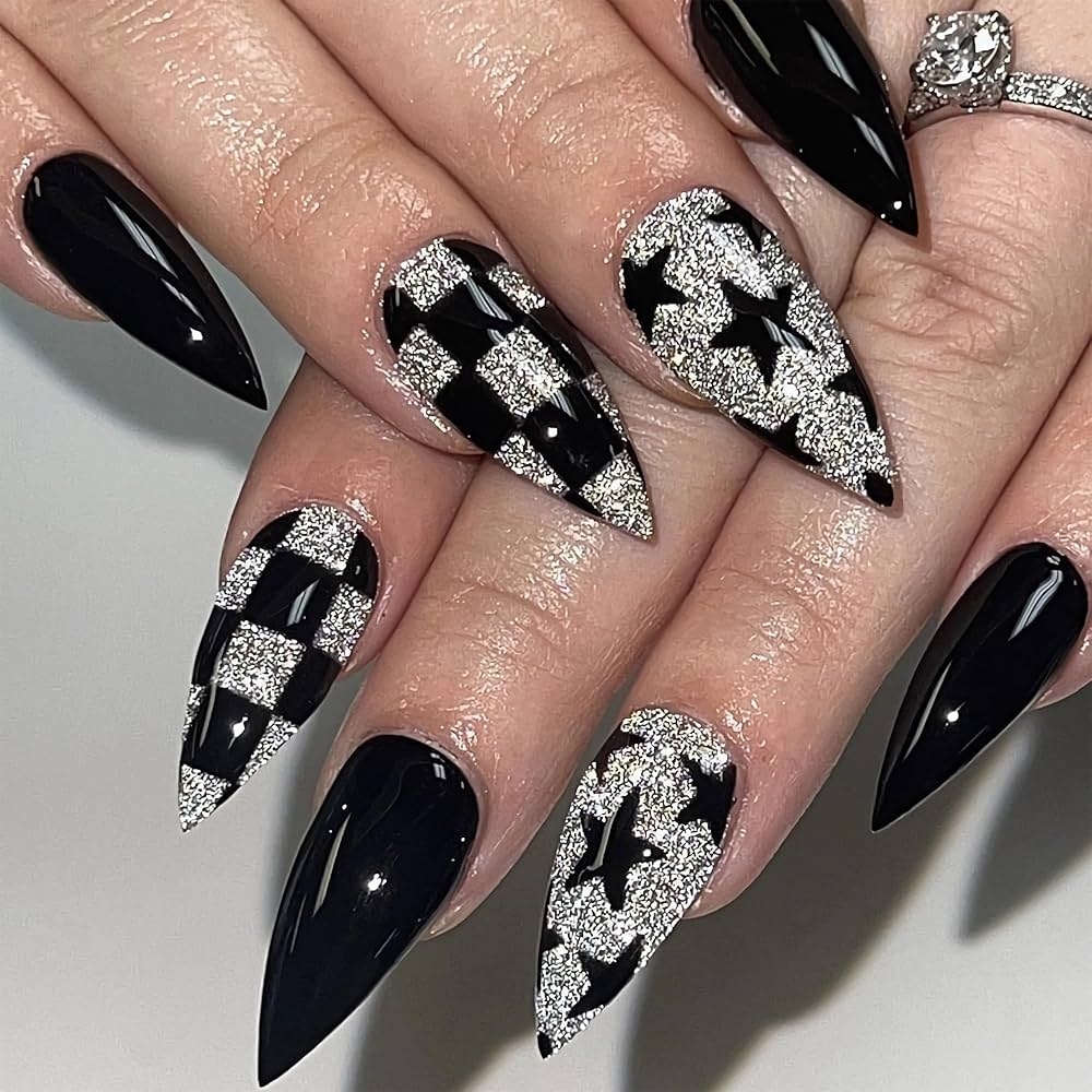 Amazon MERVF Medium Press On Nails Almond Black Glitter Glue With Star Y2K Design Stiletto Checkered Fake Acrylic Nails 24pcs Glossy Beauty Personal Care