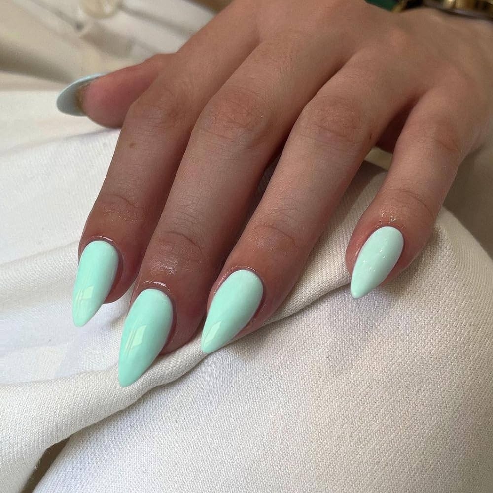 Amazon Mint Green Press On Nails Medium Stiletto Almond KQueenest Glossy Acrylic Nails Kit Reusable Fake Nails Feature Protective UV Coating For Women Nail Art Manicure In 24 Pcs Beauty Personal