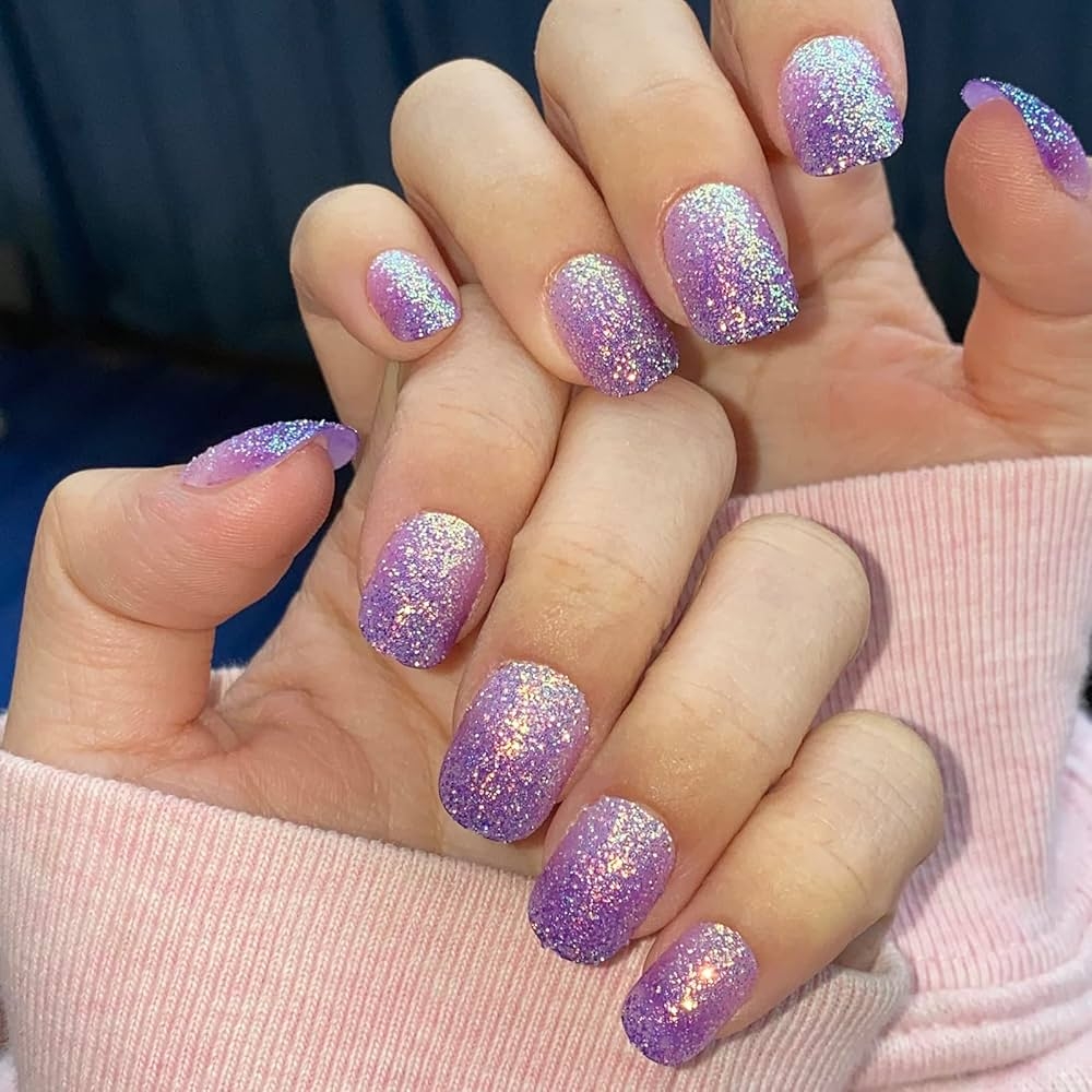 Amazon MISUD Kids Press On Nails Kids Short Glue On Nails With Purple Acrylic Bling Glitter Design 24 Pcs Beauty Personal Care