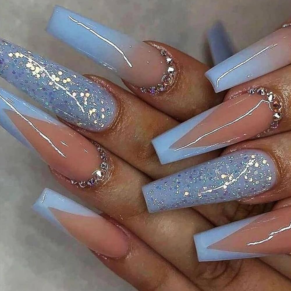 Amazon MISUD Press On Nails Long Coffin Glue On Nails With Summer Blue Acrylic French Tip Design 24 Pcs Beauty Personal Care