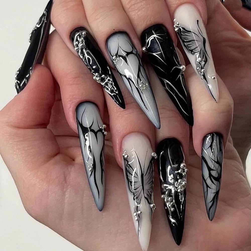 Amazon MISUD Press On Nails Long Stiletto Glue On Nails With Goth Black Acrylic Gothic Butterfly Design 24 Pcs Beauty Personal Care