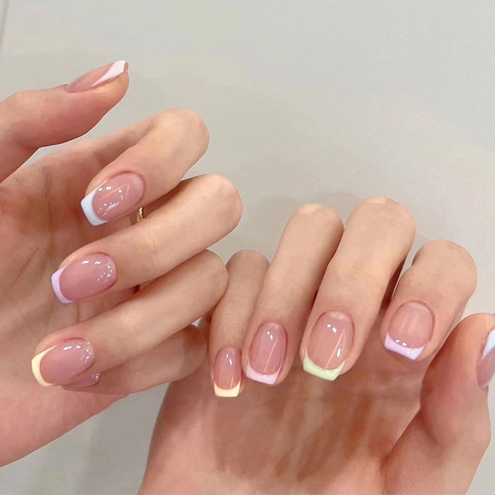 Amazon MISUD Short Square Press On Nails Spring Squoval Fake Nails Glossy Glue On Nails Summer Artificial Nails Colorful French Tip Acrylic Nails Rainbow Edge Stick On False Nails With Design 24