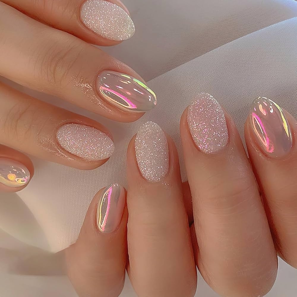 Amazon Mkwntg Glitter Press On Nails Short Round Fake Nails Glossy Chrome False Nails With Glitter Powder Design Almond Nude Pink Pearl Full Cover Glue On Nails For Women Girls Manicure Nail
