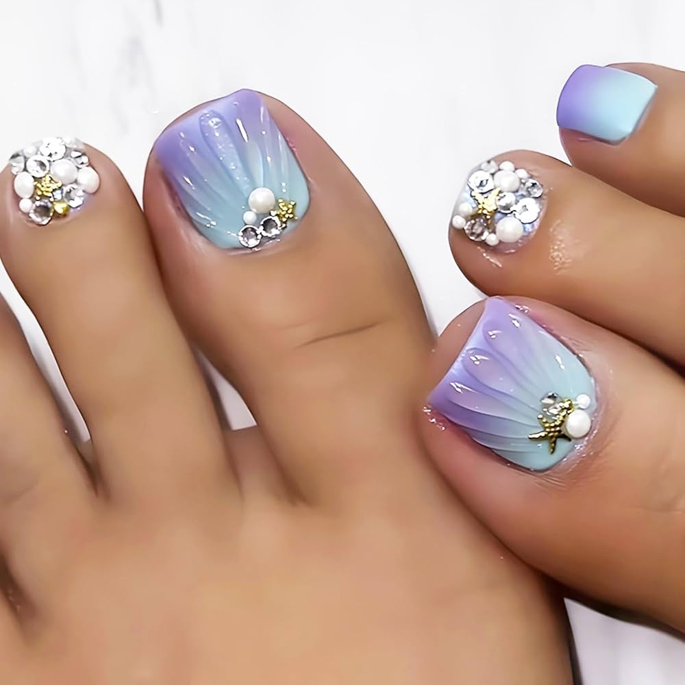 Amazon MMNHJHUT 24Pcs Purple Press On Toenails Summer Fake Toe Nails With Cute Starfish 3D Pearl Design French Acrylic Toenails Reusable False Toenails Full Cover Glossy Stick On Toe Nail For