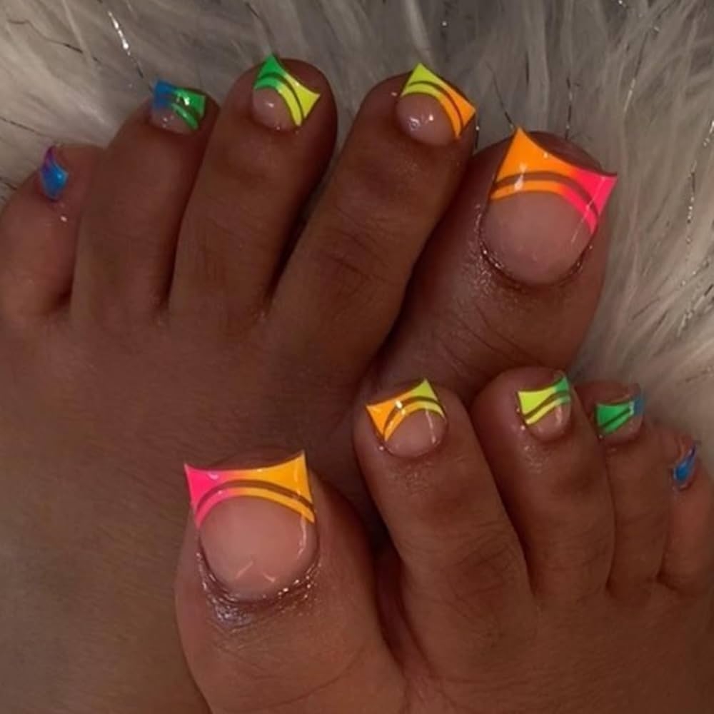 Amazon Neon Press On Toenails French Tip Toe Nails Short Square Glue On Toe Nails Gradient Rainbow Color Double Line French Tips Designs Beach Summer Fake Toe Nails Removable Nude Acrylic Toenails