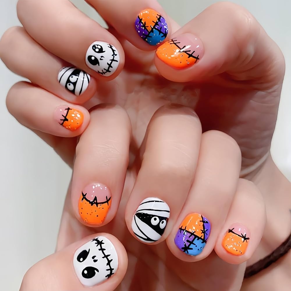 Amazon OHWODA Short Halloween Press On Nails Square Fake Nails Orange Mummy Halloween Nail Art Glossy Black White Skull False Nails With Designs Cute Short Halloween Glue On Nails For Women And