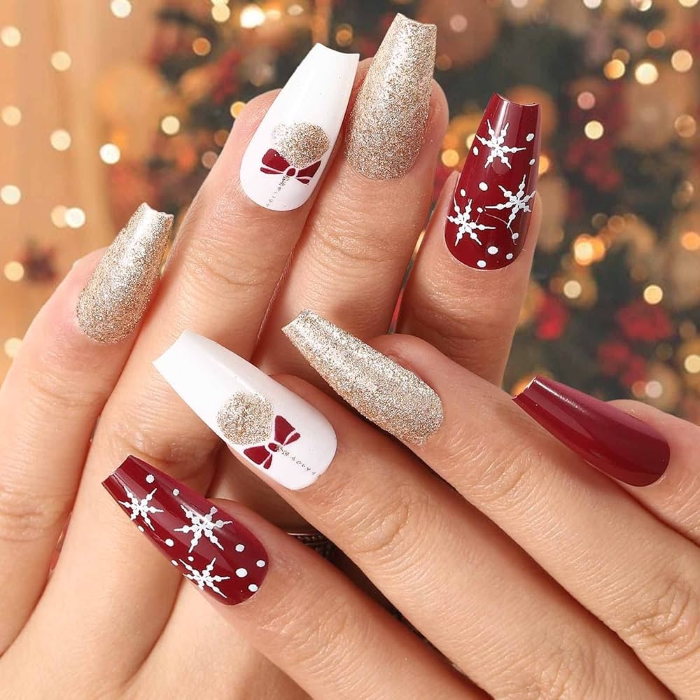Amazon Olbye Long Press On Nails Christmas Fake Nails Coffin False Nails With Designs Snowflake Acrylic Press On Nail Glitter Holiday Nails Red Xmas Nails Red Glue On Nails Glossy White Artificial