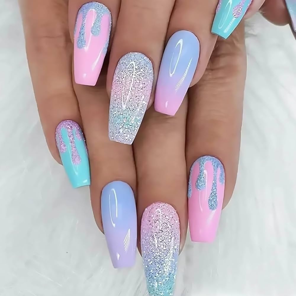 Amazon Ombre Press On Nails Medium Coffin Fake Nails Macaron Color Gradient False Nails With Glitter Designs Full Cover Stick On Nails Reusable Acrylic Artificial Nails Glue On Nails For Women 24Pcs 