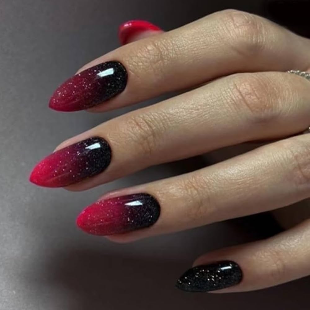 Amazon Ombre Red Black Press On Nails Almond Short Medium Stick On Nails Bling Fake Nails With Simple Designs For Women Pretty Glue On Nails Full Cover Artificial Glue On Nails For