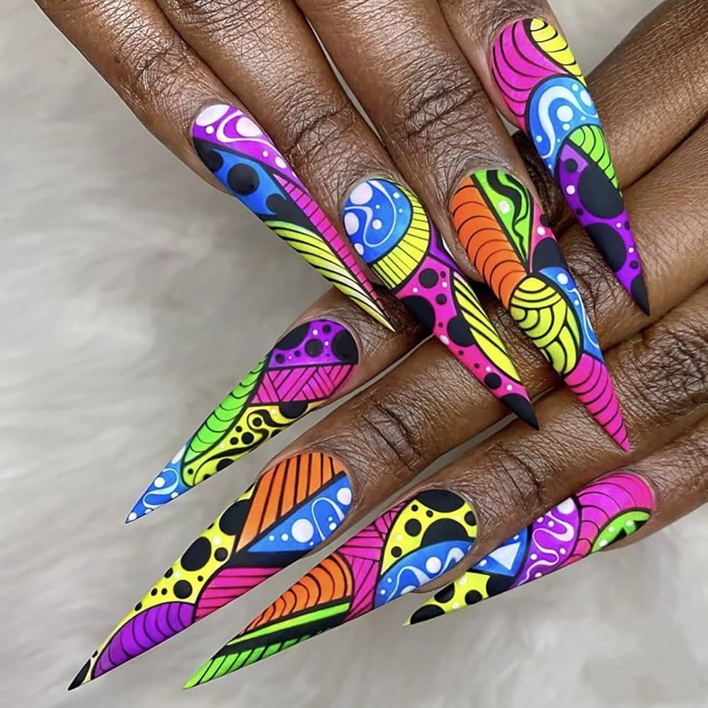 Amazon Ong Press On Nails Multicolour False Nails Pattern Designs Almond Fake Nails Acrylic Artiuficial Glue On Nails Full Cover Stick On Nails For Women And Girls Nail Decortions Beauty 