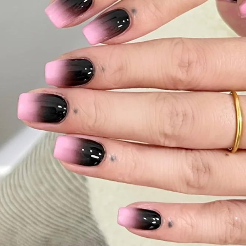 Amazon Pink Black Gradient Fake Nails Short Square Press On Nails Glossy Acrylic False Nails Designs Summer Fake Nails Fully Cover Artificial Nails Stick On Nails Manicure Decorations For Women 24 Pcs 