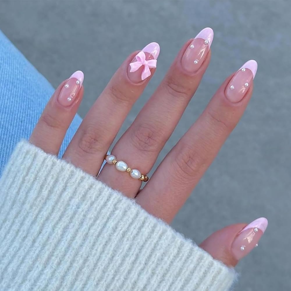 Amazon Pink Bow Press On Nails Medium Almond Fake Nails Nude Pink Nail Tips With Pearl Design Cute False Nails Stick On Nails Glossy Acrylic Glue On Nails Full Cover Artificial Nails
