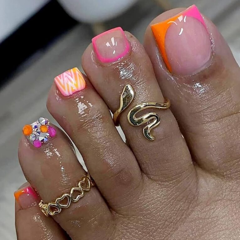 Amazon Pink French Tip Press On Toenails Square Short Orange Fake Toe Nails Summer Glitter Rhinestone False Toenails With 3D Designs Bling Diamond Acrylic Glue On Toenails Cute Stick On Toenails For