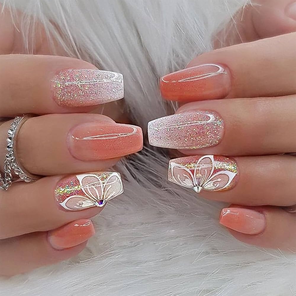 Amazon Pink Press On Nails Short Coffin Cute Flower Gradient Fake Nails With Golden Glitter Designs Full Cover Faux Nails Press Ons Reusable Glue On Nails For Women And Girls Daily Wear