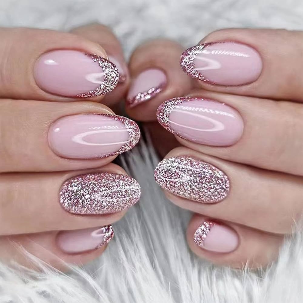Amazon Pink Press On Nails Short Fake Nails Glitter French Tip Nails Press Ons Glossy Oval Acrylic Nails With Glitter Designs Full Cover Stick On Nails Cute Glue On Nails For Women