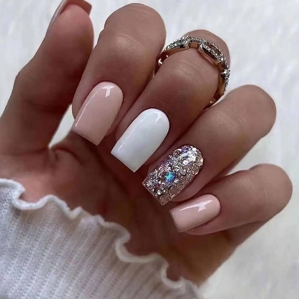 Amazon Pink White Square Press On Nails Medium Length Fake Nails Gold Glitters Acrylic False Nails Full Cover Glue On Nails With Simple Designs Glossy Artificial Nails For Women Girls Manicure