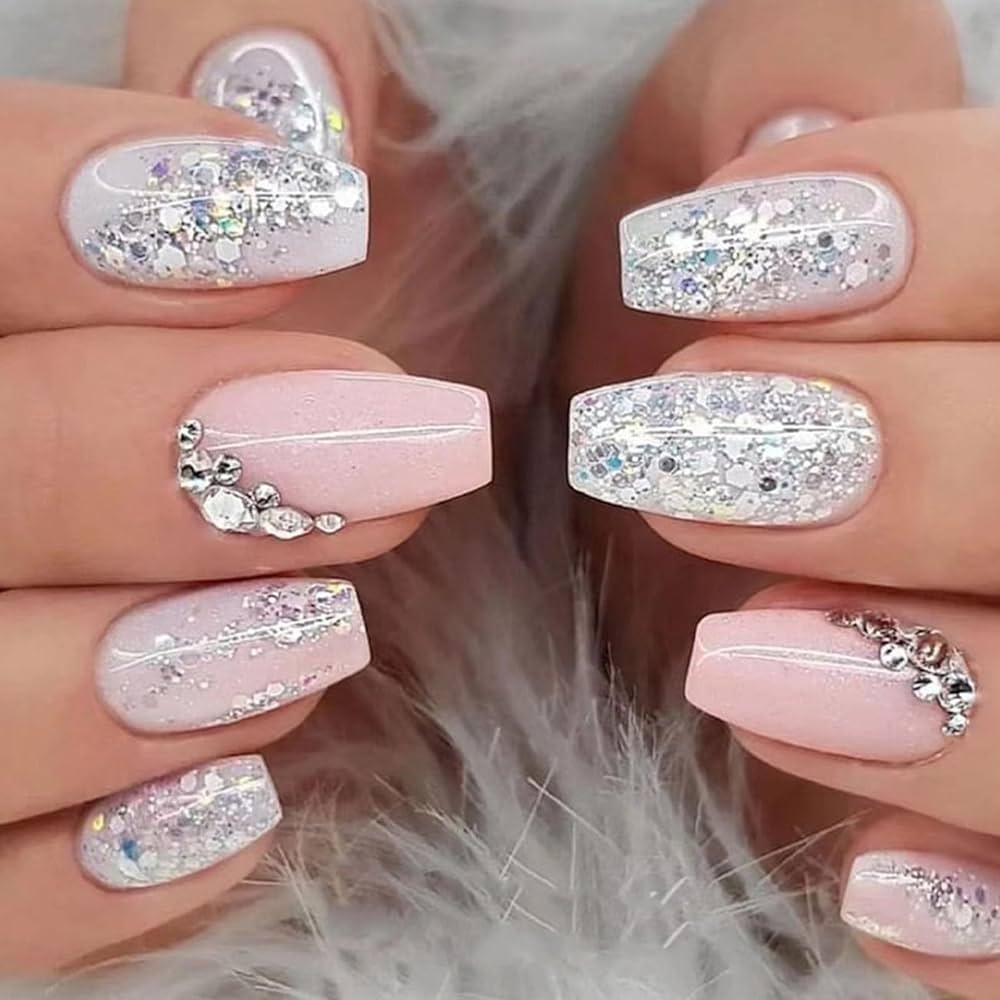 Amazon Press On Nails Coffin Short False Nails With Silver Glitter Design White Silver Full Cover Fake Nails Artificial Acrylic Glossy Stick On Nails For Women 24 Pcs Beauty Personal