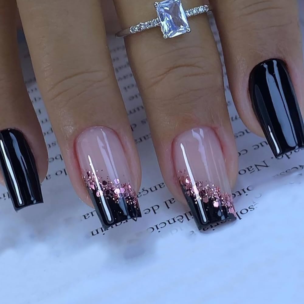 Amazon Press On Nails Medium Square Black False Nails Artificial Acrylic Nails Pink Glitter Powder Sequins Design French Fake Nails Full Cover Glossy Reusable Coffin Nails Glue On Nails For Women 24Pcs 