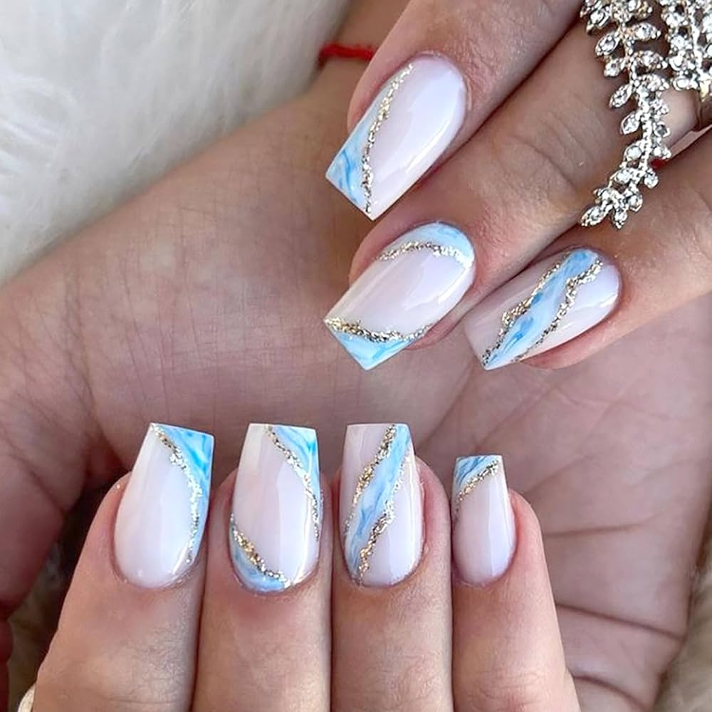 Amazon Press On Nails Short Coffin False Nails With Glitter Designs Glossy Finish Blue White 24 Pcs Beauty Personal Care