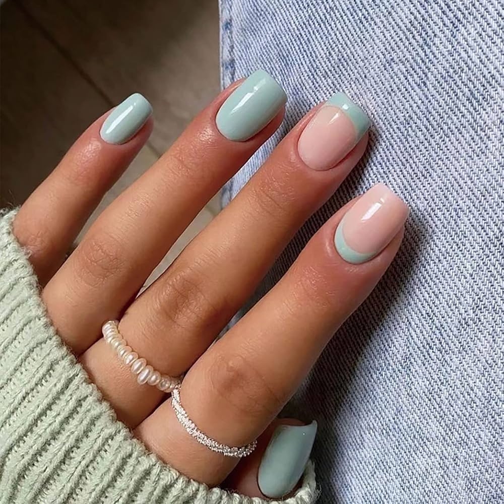 Amazon Press On Nails Short Square Summer French Tip Fake Nails Mint Green Full Cover False Nails With Designs Glossy False Nails With Nail Glue Artificial Acrylic Nails For Women Girls 24