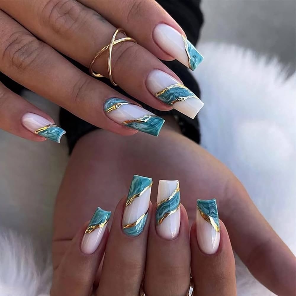 Amazon Press On Nails Square Medium Length Artificial Acrylic Fake Nails With Marbling Designs 24Pcs Full Cover Reusable Coffin Glossy False Nails Set Women Glue On Nails Stick On Nails For Nail