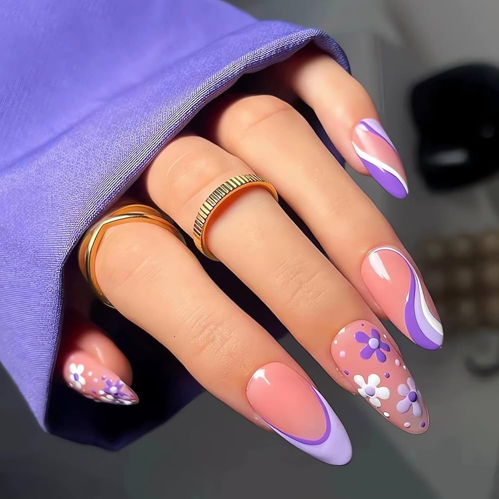 Amazon Purple Fake Nails Almond Press On Nails Medium Flowers False Nails With Designs Acrylic Artificial Nude French Tips Glue On Nails Stick On Nails For Women Girls 24Pcs Beauty 
