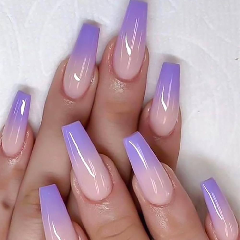 Amazon Purple Press On Nails Long Coffin Fake Nails Acrylic False Nails With Purple Ombre Designs Nude Full Cover Nails Press Ons Artificial Stick On Nails For Women Nails Art Decoration 24Pcs 