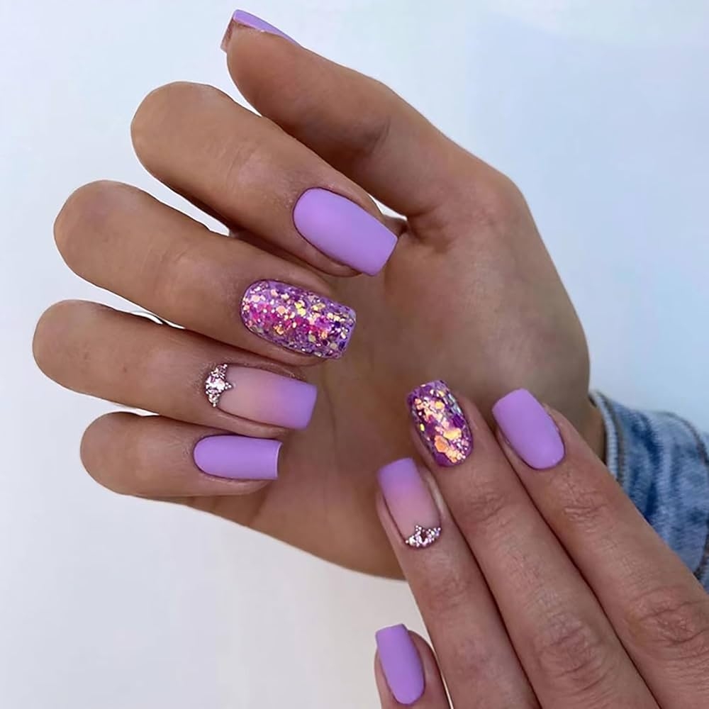 Amazon Purple Press On Nails Medium Square Glitter Rhinestones Sequins False Nails With Design Gradient French Artificial Acrylic Nails Full Cover Matte Reusable Coffin Fake Nails Glue On Nails For Women 