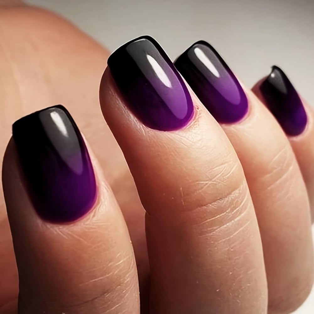 Amazon Purple Press On Nails Short Square Gradient Fake Nails With Design Dark Purple Acrylic Glue Ons Press Ons For Women Beauty Personal Care
