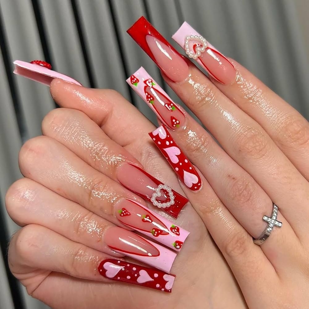 Amazon Red Pink French Tip Press On Nails Long Coffin Fake Nails Acrylic Nails With Love Strawberry Nail Charms Design Fashion Romantic Pearl Valentine s Day Nail Decoration For Nails For Women 24