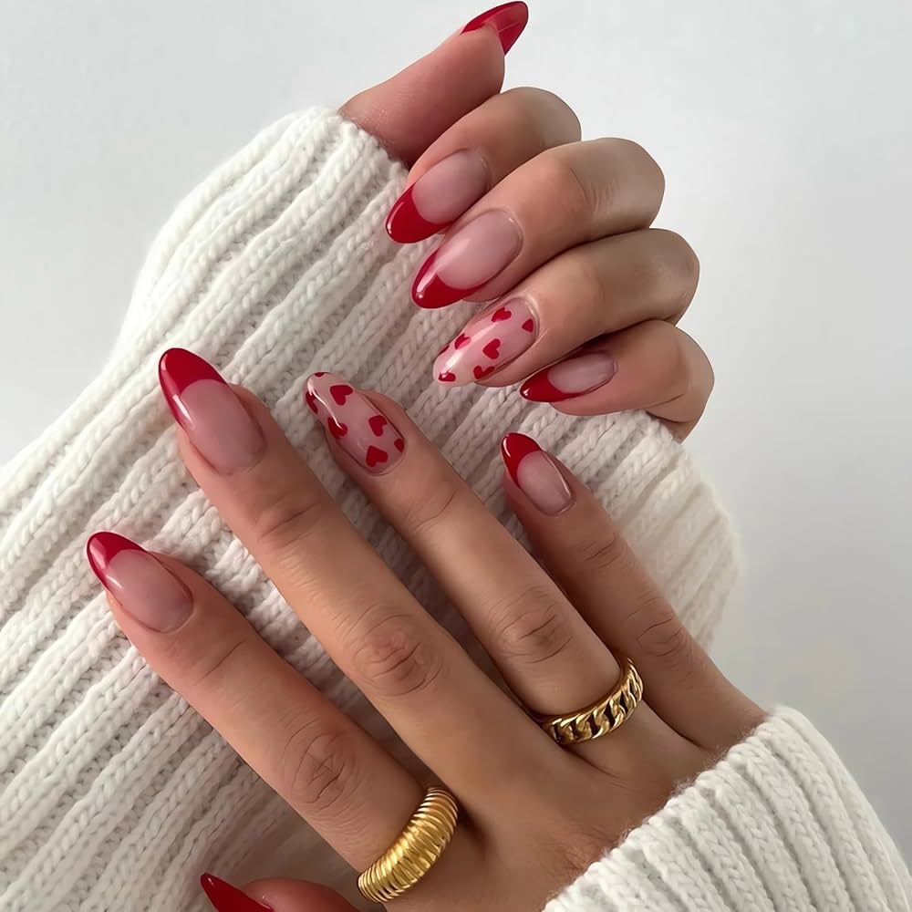 Amazon Red Valentines Press On Nails Heart Design Fake Nails Almond Shape Red French Tip Valentines Acrylic Nails Medium Length Glue On Nails Glossy Red Heart Stick On Nails For Women 