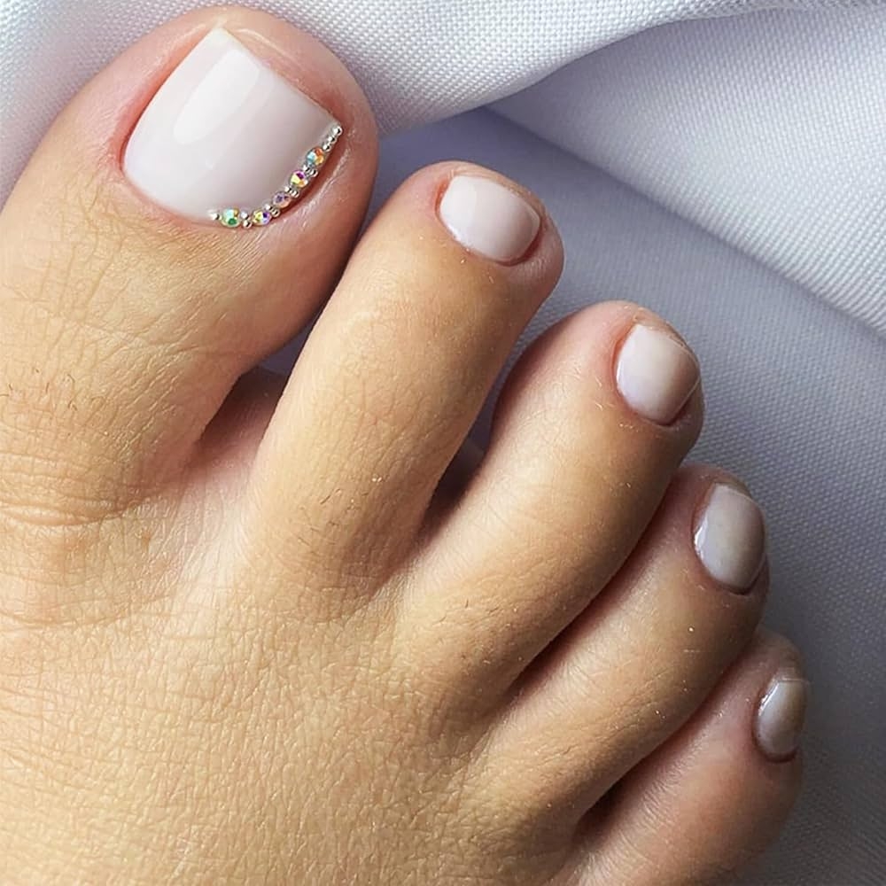 Amazon Rhinestones Press On Toenails For Manicure With Simple Design Glossy Nude Acrylic Short Square Fake Toe Nails Gel Glue On Nails Crystal Full Cover False Toenails Stick On Nails For Women