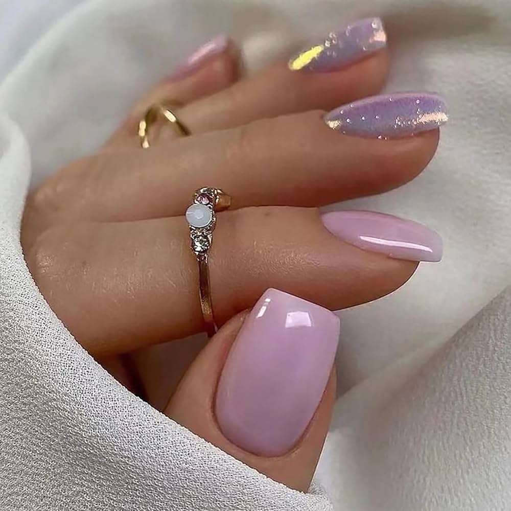 Amazon RIICFDD Press On Nails Short Square Fake Nails Light Purple False Nails With Glitter Designs Summer Acrylic Nails Glossy Artificial Nails For Women Girls 24Pcs Beauty Personal Care