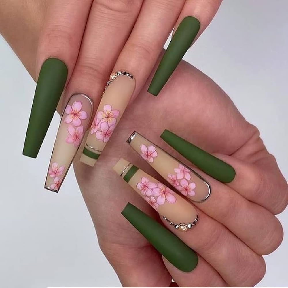 Amazon RikView Long Press On Nails Coffin Fake Nails With Flower Design Green Nails For Women And Girls Beauty Personal Care