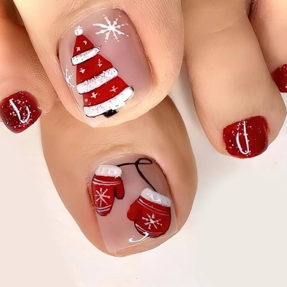 Amazon ROFIBUT Christmas Short Square Fake Toenails Cute Red Gloves Winter Xmas Tree Full Cover False Nails Glossy Red Glitter Snowflake Acrylic For Women Manicure Nail Decoration 24Pcs Beauty