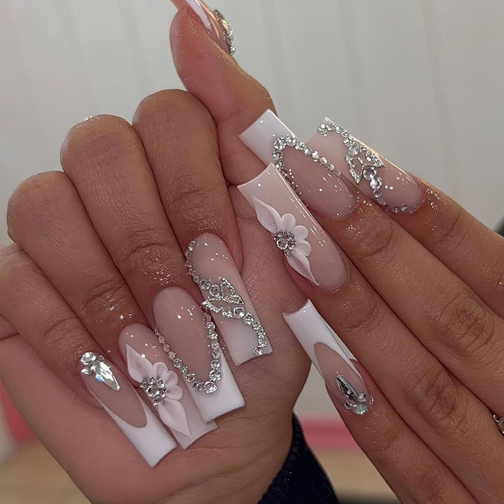 Amazon ROFIBUT French Tip Press On Nails Long Square Fake Nails Glossy Nude False Nails With 3D Rhinestones Design White French Tip Glue On Nails Flower Butterfly Nail Charms For Women Girls